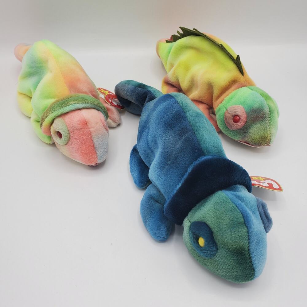 TY Beanie Baby Lot Rainbow Iggy Iguana Chameleon Set Vintage Plush